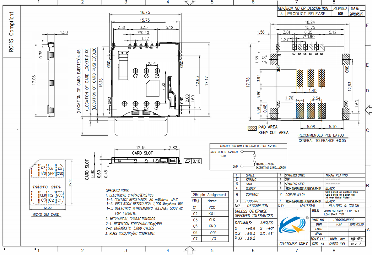 SIM CARD 6P+1 SMT 1.5H P-P TYPE圖紙
