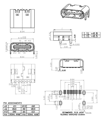 6PIN全貼SMT電源ypre-c母座接口尺寸圖